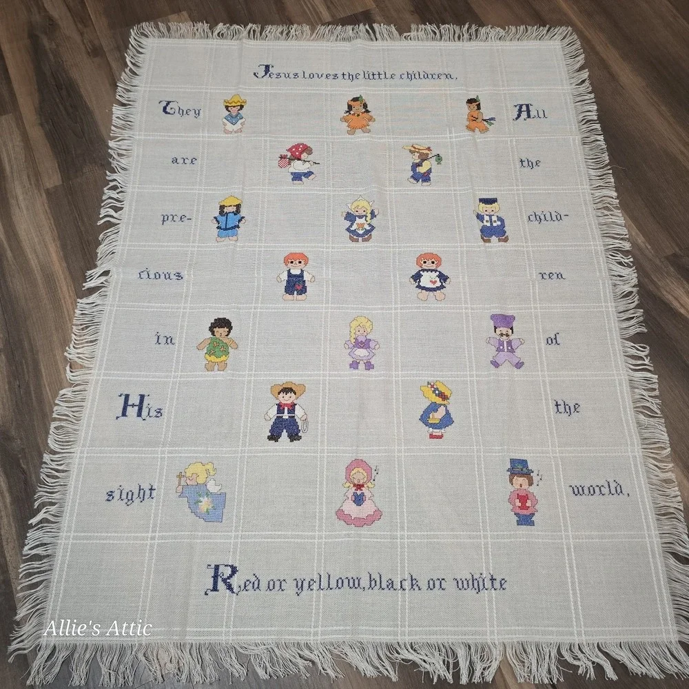 Vintage Childrens Blanket Cross Stitch Boys Girls Jesus Religious Nursery 52x39